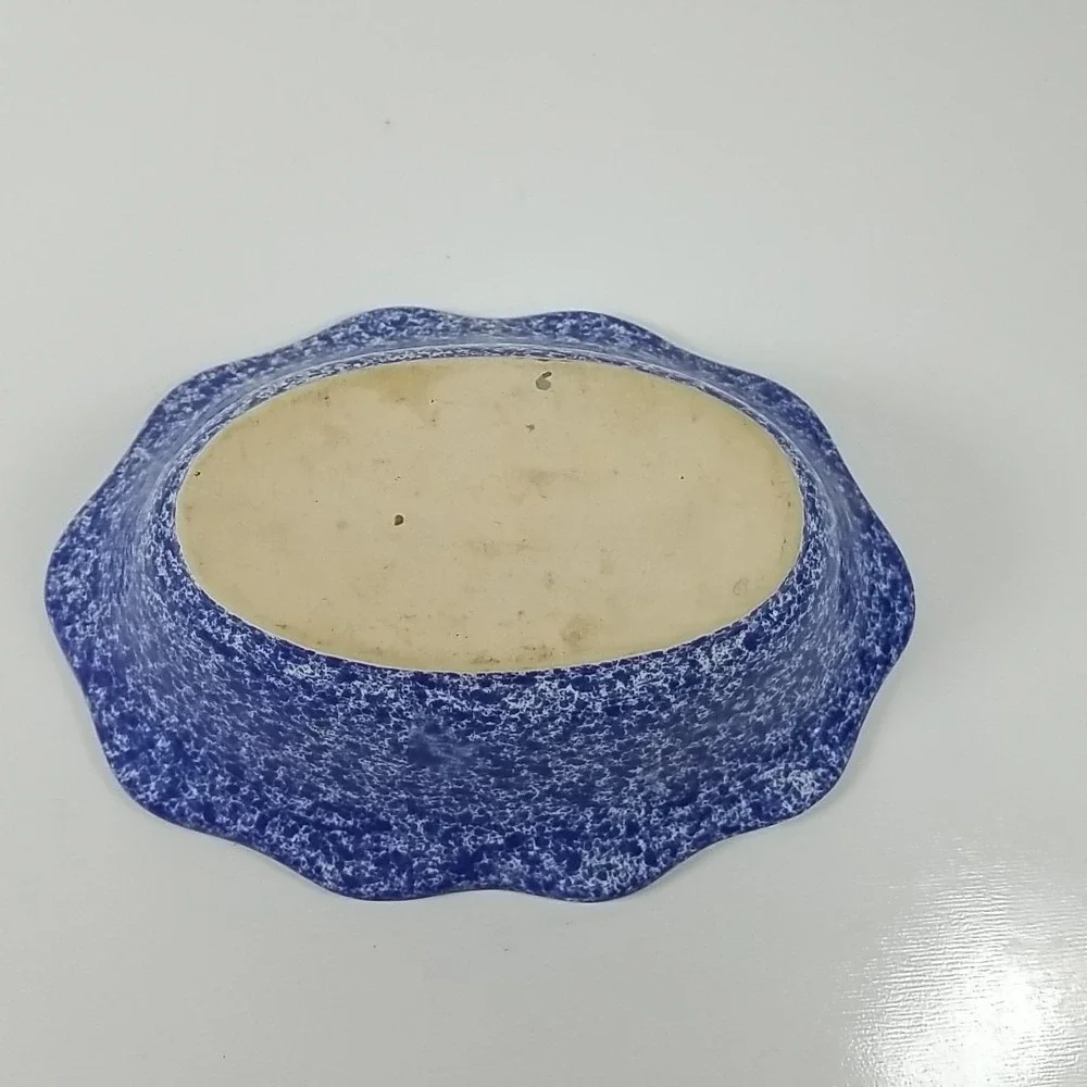 Blue Scalloped Spongeware  Bowl, American Folk Art, Farm House, Boho, Cottage
